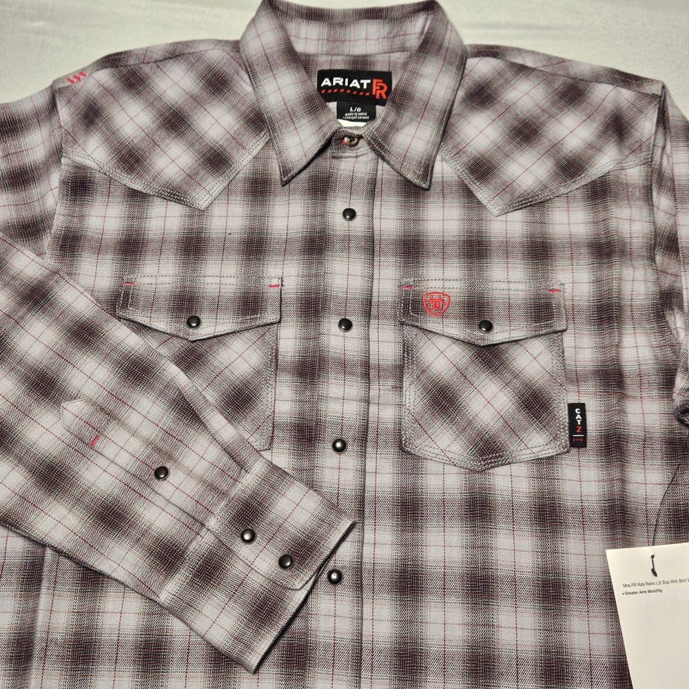 Ariat FR Rob Retro LS Snap Work Shirt Mens L Grey Plaid Western Flame Resistant